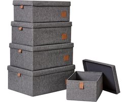 Set van 5 Luxe Opbergdozen met Deksel - Grijs, Stoffen Organizers