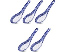 Set van 5 Porseleinen Lepels voor Soep en Dessert, Blauw-Witte Keramische Lepels, Ideaal voor Appetizers en Serveerwerk