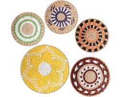 Set van 5 rieten wandmanden - ronde zeegras manden voor boho decor - handgemaakte wanddecoratie in diverse kleuren