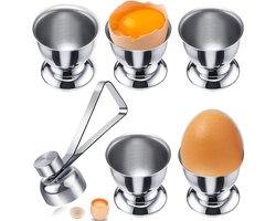 Set van 5 roestvrijstalen eierdoppen met opener - Ontbijtschotel voor rauwe en gekookte eieren - Brunch accessoire in wijnglasvorm
