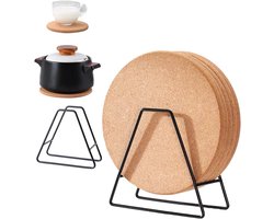 Set van 5 Ronde Kurken Onderzetters van 19 cm met Houder, Extra Dikke Herbruikbare Onderzetters voor Warmere Gerechten en Potten