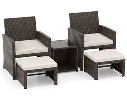 Set van 5 Rotan Meubels Balkonset Tuinmeubelen met Stoel & Voetenbank & Gehard Glas Salontafel Bruin + Wit