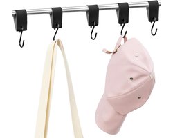 Set van 5 RVS S-haakjes met Leren Lus, 12,5 x 3 cm, Zwarte Haken voor Kleding en Organisatie in de Kast