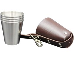 Set van 5 RVS Shotglazen met Leren Tas - Perfect voor Feestjes, Barbecues en Cadeaus