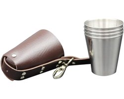 Set van 5 RVS Shotglazen met Leren Tas - Perfect voor Feestjes, Barbecues en Cadeaus