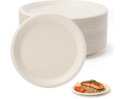 Set van 50 Composteerbare Papieren Borden van Bagasse, Duurzaam en Stevig, Ideaal voor Feesten, Picknicks en Barbecues, 20.5 cm Rond