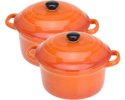 Set van 5x stuks mini stoofpannetjes/ovenschaaltjes met deksel oranje 9 cm - Tapaspannetjes - Serveerpannetjes