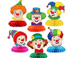 Set van 6 3D Papieren Clown Nid d'Abeille Versieringen voor Carnaval, Tafel en Raamdecoratie, Feestaccessoires voor Kinderen en Volwassenen