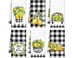 Set van 6 absorberende keukenhanddoeken met citroen en geruit patroon