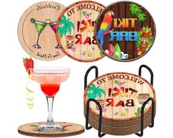 Set van 6 Absorberende Kurken Onderzetters met Houder voor Bescherming van Tafel en Bureau, Ideaal voor Koffiekopjes en Drinkglazen met Leuke Tiki Bar Ontwerpen
