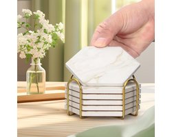 Set van 6 Absorberende Zeshoekige Onderzetters met Houder - Moderne Marmeren Drinkonderzetters voor Salontafel en Bar