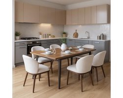 Set van 6 beige eetkamerstoelen met linnen bekleding en houten poten, ergonomische gebogen rugleuning, draagvermogen 136 kg, comfortabele stoelen voor eetkamer, keuken, woonkamer en restaurant