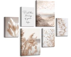 Set van 6 Beige Riet Natuur Canvas Schilderijen met Houten Lijst voor Woonkamer en Slaapkamer