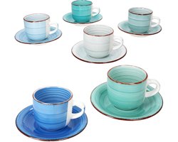 Set van 6 BLAUWE cappuccinokopjes met schotels voor 6 personen gemaakt van steengoed - 24327058