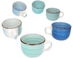 Set van 6 BLAUWE jumbo mokken met handvat voor 6 personen gemaakt van steengoed - 24327029