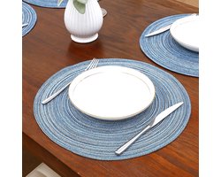 Set van 6 blauwe ronde gevlochten placematten van 38 cm – Hittebestendig en eenvoudig afwasbaar voor de eettafel en horeca