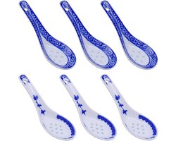 Set van 6 Blauwwitte Porseleinen Lepels voor Soep, Melk en Koffie - Keramische Tafellepels voor Diverse Gerechten