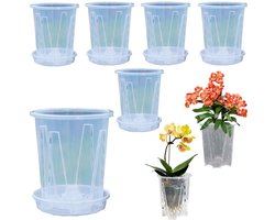 Set van 6 bloempotten – Plantpotten – Speciale orchideeënpotten – Hydrocultuurpotten – Met drainagegaten – Inclusief schotels – Voor graslelies, orchideeën, vetplanten, rozen (10 x 12 cm – Transparant)
