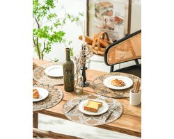 Set van 6 Boho Ronde Placemats voor Eettafel Wasbare, Hittebestendige PVC Placemats Outdoor Tafelmatten Jute Retro Tafeldecoratie Vintage Koffie Bar Mat Waterdichte Eetmat Boheemse Stijl (B)