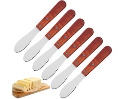 Set van 6 botersnijders - RVS houten handvat botermes - Kaasmes - Gekarteld mes - Recht mes brede botersmeerder - Roomkaassmeerder - Botermes keukengereedschap