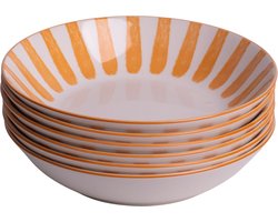 Set van 6 diepe borden - pastaborden - 20 cm - 6 persoons - wit met oranje streep - aardewerk - Valencia style - Kade 171 borden - hip en trendy