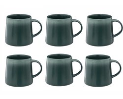 Set van 6 Donkergroene Gres Mokken – 52cl – Stevige Koppen met Oor – 13,5 x 9,3 x 10 cm - Keramiek - Koffie - Thee