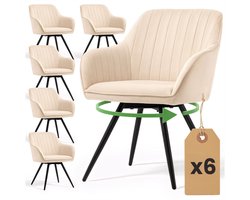 Set van 6 Draaistoelen TURNO met Armleuningen / Eetkamerstoelen / Gestoffeerde Stoelen / Fluwelen Stoelen en Metalen Poten / Beige met zwarte benen