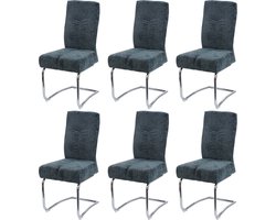 Set van 6 eetkamerstoel MCW-G56, keukenstoel sledestoel fauteuil, metaal stof/textiel chenille ~ blauw-groen