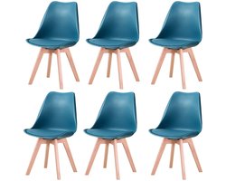 Set van 6 Eetkamerstoelen – Gestoffeerde Stoelen met Beukenhouten Poten – Stijlvolle Bureaustoelen voor Eetkamer, Slaapkamer, Balkon of Restaurant - Blauw/Groen