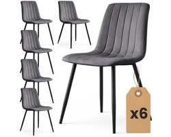 Set van 6 Eetkamerstoelen LIVO / Gestoffeerde Stoelen / Fluwelen Stoelen en Metalen Poten / Antraciet met zwarte benen