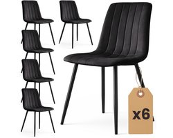 Set van 6 Eetkamerstoelen LIVO / Gestoffeerde Stoelen / Fluwelen Stoelen en Metalen Poten / Zwart met zwarte benen