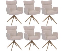 Set van 6 eetkamerstoelen MCW-N11, draaibare stoel met automatische terugkeerfunctie, bouclé-stof 350 g/m² ~ beige, poten in houtlook