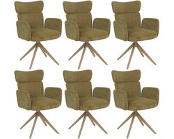 Set van 6 eetkamerstoelen MCW-N11, stoel, draaibaar, Auto-Return, bouclé-stof 350 g/m² ~ olijfgroen, poten met houtlook