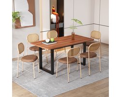 Set van 6 eetkamerstoelen, moderne, eenvoudige loungestoelen met vier metalen poten, rotan loungestoelen, woonkamer- en slaapkamerstoelen, Beige
