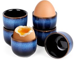 Set van 6 eierdopjes van porselein, vintage, blauw, handgebrand, met gepolijst geëmailleerd oppervlak - ShopVlot