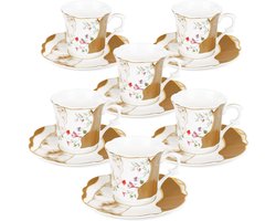 Set van 6 Espresso Kopjes en Schotels met Vintage Bruin Marmeren Design - 80ml Bone China Koffieset