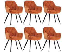 Set van 6 Fluwelen Eetkamerstoelen met Armleuningen – Gestoffeerde Stoelen met Dikke Zitting en Rugleuning – Moderne Accentstoelen met Metalen Poten – Voor Eetkamer, Woonkamer & Lounge