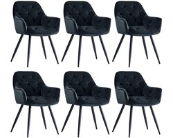 Set van 6 Fluwelen Eetkamerstoelen met Armleuningen – Gestoffeerde Stoelen met Dikke Zitting en Rugleuning – Moderne Accentstoelen met Metalen Poten – Voor Eetkamer, Woonkamer & Lounge