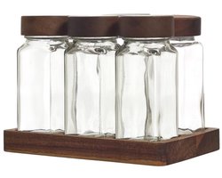 Set van 6 Glazen Kruidenpotjes – Acaciahouten Deksels & Plateau – Inclusief Labels