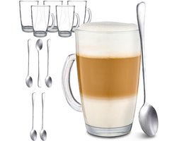 Set van 6 glazen Latte Macchiato kopjes - 300ml - met handvat - met 6 lepels - houdt de koffie warm