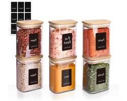 Set van 6 Glazen Specerijpotjes van 220 ml met Bamboedeksel - Ideaal voor Keukenopslag, Kruidenset en Organisatie