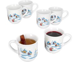 Set van 6 glühwein mokken in wit met kleurrijk kerstlandschap 0,2L gekalibreerd