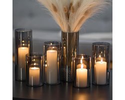 Set van 6 grijze en zwarte kaarshouders voor pilaar kaarsen - decoratieve cilinder vazen - drijvende kaarshouders - woonkamer tafeldecoratie