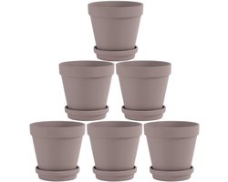 Set van 6 Grote Grijze Terracotta Bloempotten met Schotel - 15 cm Potten met Drainage