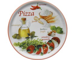 Set van 6 Grote Pizzaborden Ø 33 cm – Porselein – Italiaanse Print met Rode Rand – Voor de Ultieme Pizza-Avond