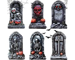 Set van 6 Halloween grafstenen decoratie 42 cm met 12 plastic grondpinnen, angstaanjagende kerkhof decoratie met schedels, kruizen, vleermuizen en de Magere Hein