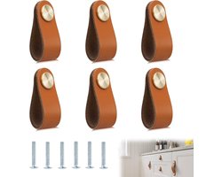Set van 6 handgemaakte meubelgrepen van leer, 14 x 2,5 cm, elegante kastgrepen voor deuren, kasten en meubels, duurzame en stijlvolle knoppen voor keuken en slaapkamer