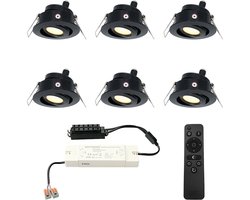 Set van 6 HOFTRONIC Sienna - LED Inbouwspot voor veranda, overkapping en badkamer - Zwart - 12 volt - Incl. afstandsbediening - Dimbaar en kantelbaar - 3 Watt 200 lumen - Zaagmaat: Ø 44 mm - extra plat 30mm - 2700K Warm wit - IP44 waterdicht