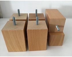 Set van 6 houten meubelpoten Natuurkleur beuken 10 cm hoogte 7x7 cm met M8 draadeinde Boxspring bedden banken