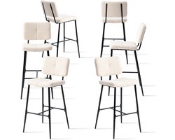 Set van 6 industriële barkrukken met rugleuning en voetensteun, gevoerde zitting, beige